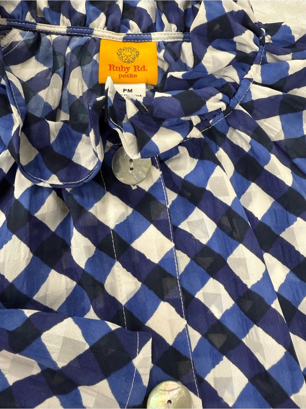 Ruby Rd. Navy and White Gingham Ruffle-Collar Button-Front Blouse - Picture 6 of 9